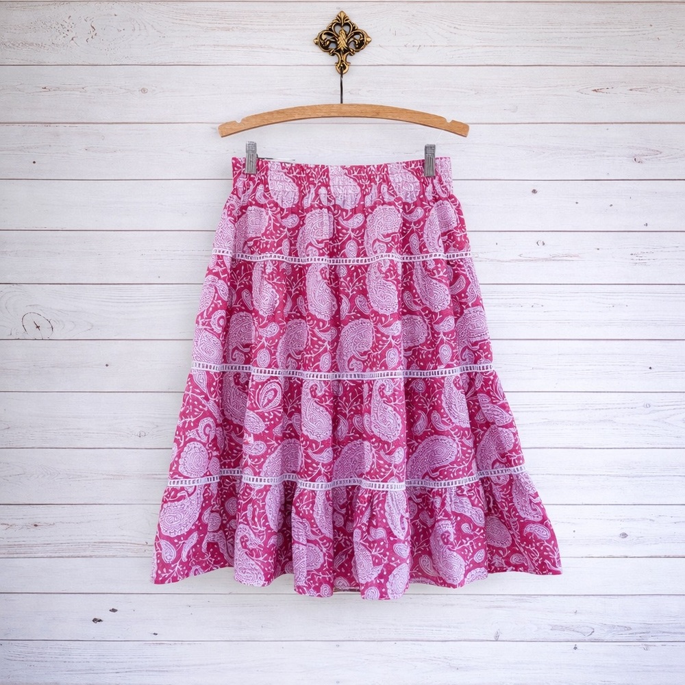 La Plage pink white paisley tiered boho chic bohemian peasant skirt M